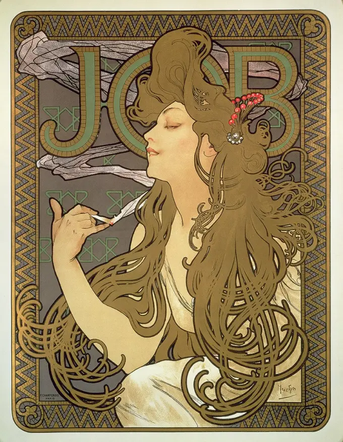 une affiche de Alphonse Mucha pour une publicité pour le papier à cigarette